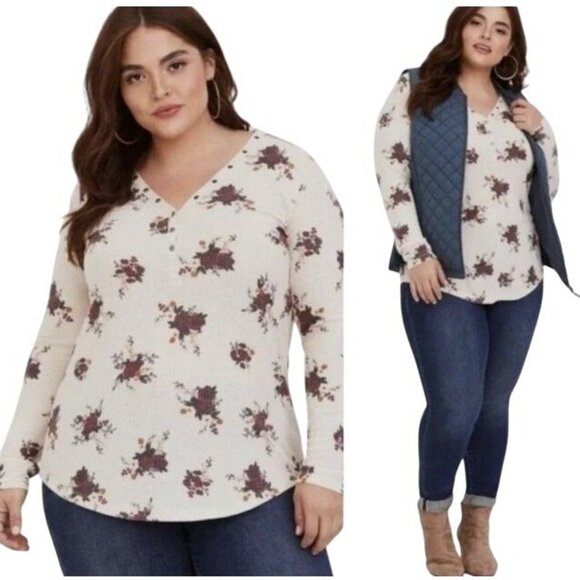 TORRID Top Thermal Henley Cream Floral V-Neck Snap Button Closure Knit 1X Casual - Picture 1 of 7